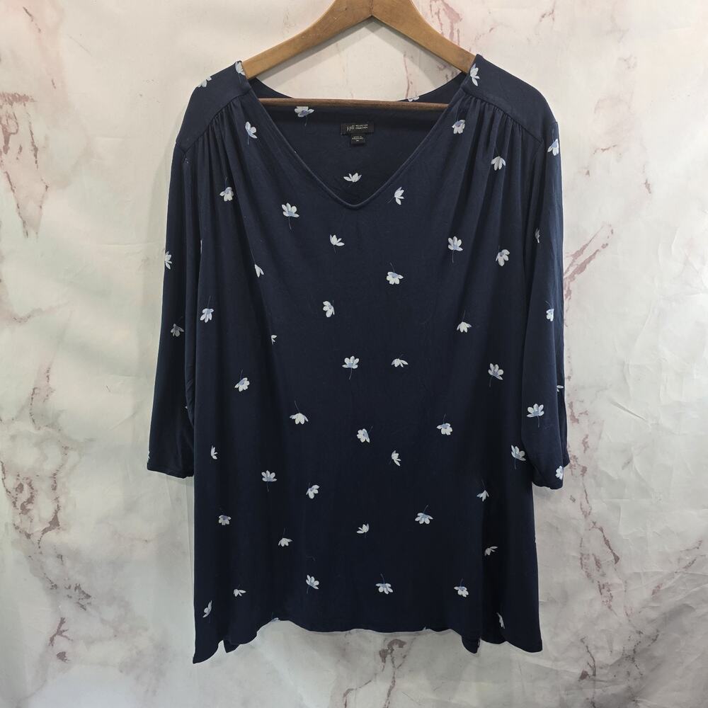 J Jill Shirt Womens XL Blue Floral Pattern V Neck Wearever Tee T Pleated Half